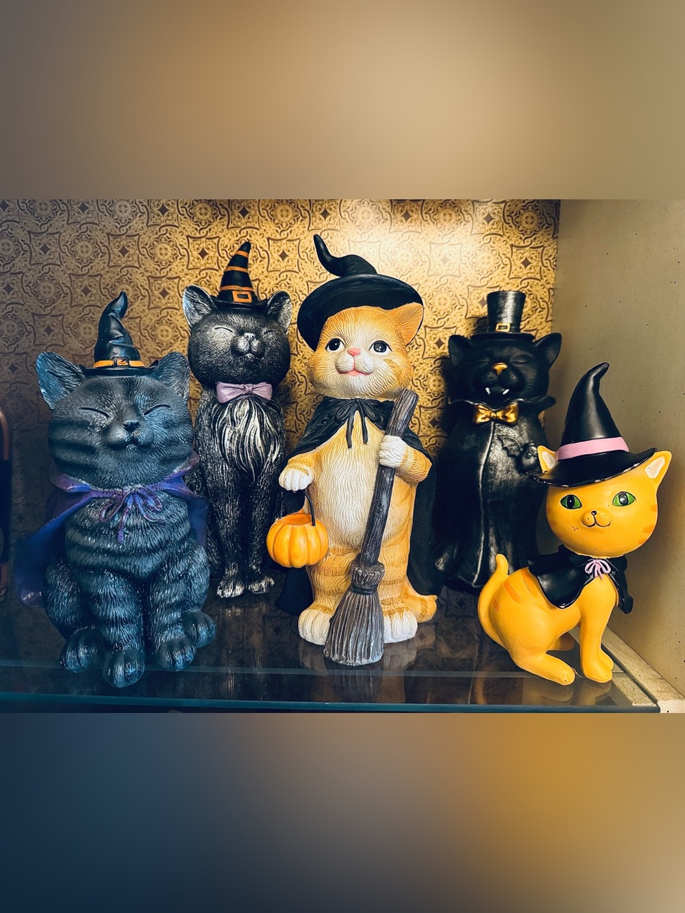 HTF Halloween Cat Figurines 5 Piece Set Vampire Witch Trick or Treat Retro Decor